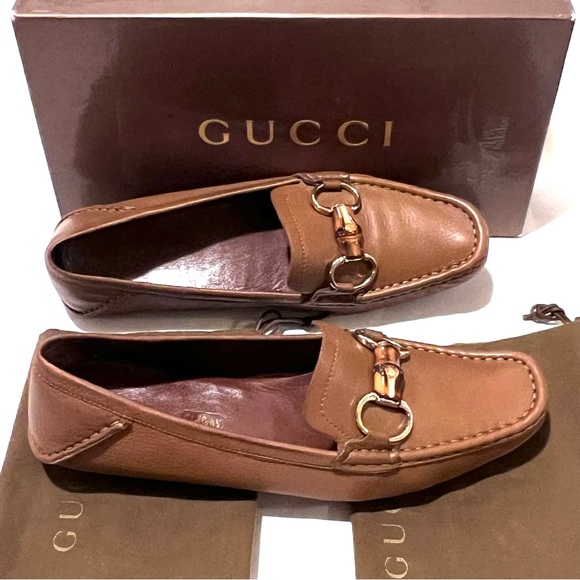 Gucci Shoes - Authentic Gucci Leather Driving Shoes Loafers with Bamboo Horsebit Size 39 Tan